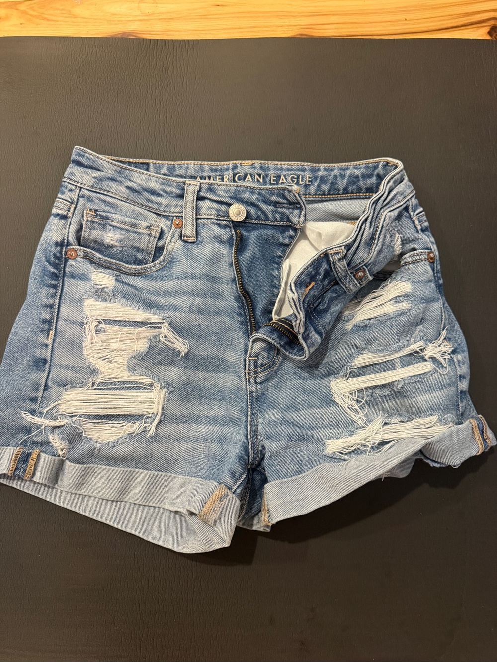 American Eagle Outfitters Light Blue Ripped Rolled Hem Jean Shorts